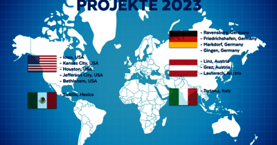 Weltkarte mit den Standorten der aktuellen Projekte von Intemann in USA, Mexico, Deutschland, Österreich und Italien